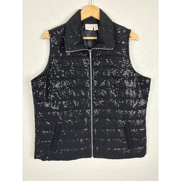 Chicos Collection Womens Sequin Quilted Vest Size 2 US‎ Large Black Holiday - Picture 1 of 7